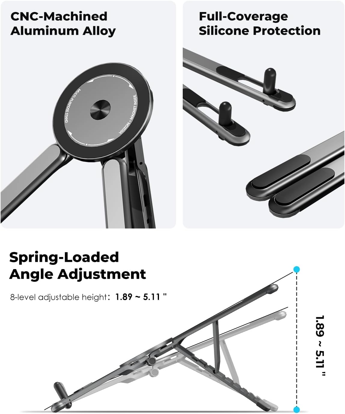 Portable Laptop Stand for Desk & Travel. Magnetic Phone Holder Tripod. Compatible with 10–16 Laptops and 4–13 Phones/Tablets. Compact Foldable Aluminum Alloy. 8-Level Height Adjustment