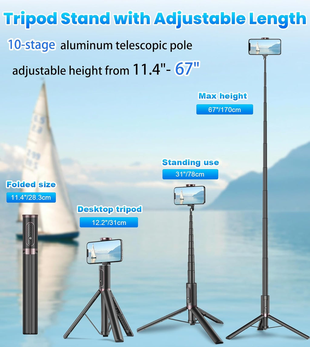 67" Cell Phone Selfie Stick Tripod,Smartphone Stand All-in-1 with Integrated Wireless Remote,Portable,Lightweight,Extendable for iPhone/Android(Black)