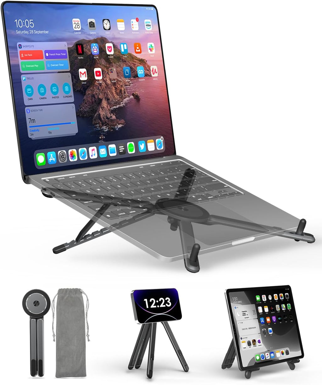 Portable Laptop Stand for Desk & Travel. Magnetic Phone Holder Tripod. Compatible with 10–16 Laptops and 4–13 Phones/Tablets. Compact Foldable Aluminum Alloy. 8-Level Height Adjustment