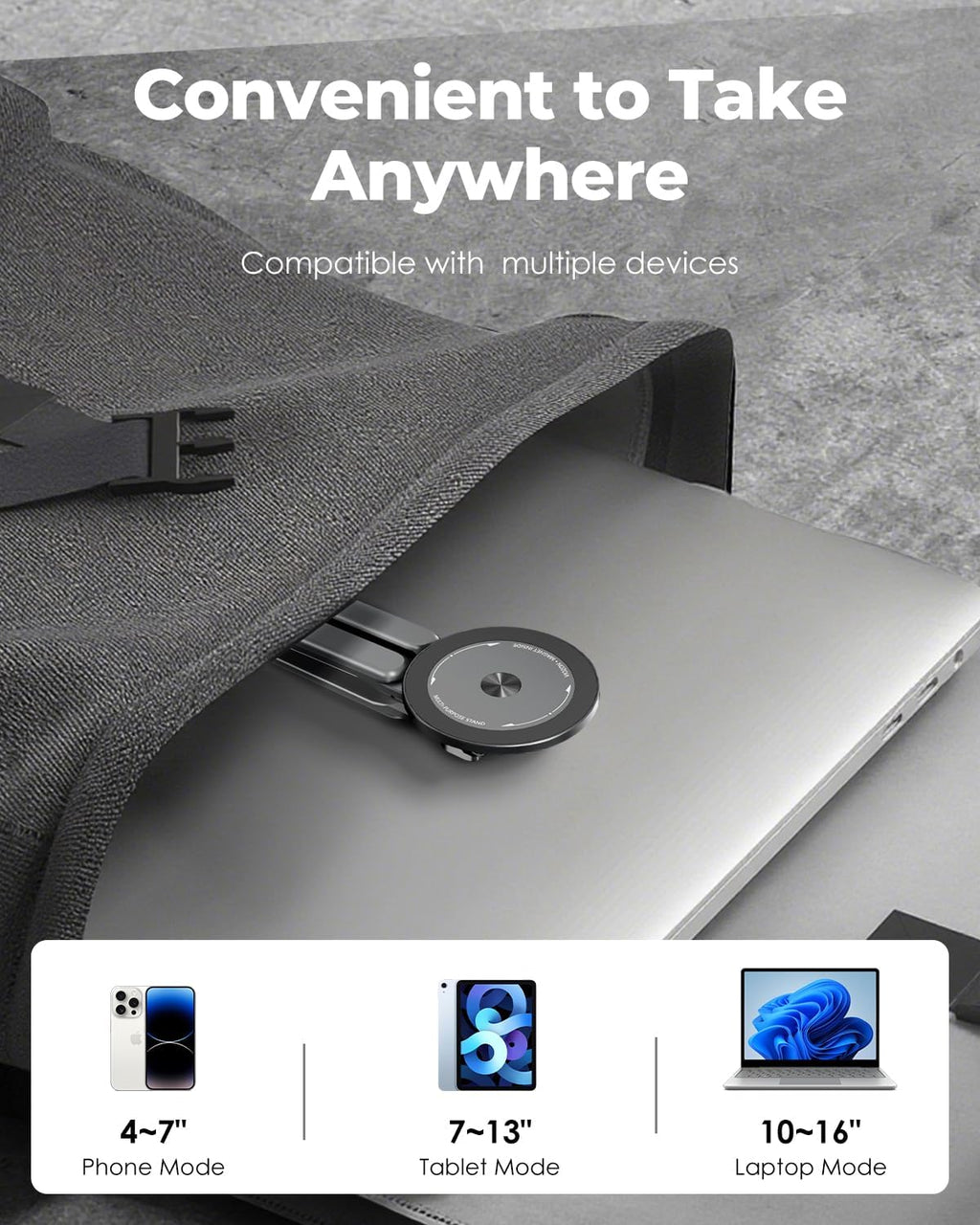 Portable Laptop Stand for Desk & Travel. Magnetic Phone Holder Tripod. Compatible with 10–16 Laptops and 4–13 Phones/Tablets. Compact Foldable Aluminum Alloy. 8-Level Height Adjustment